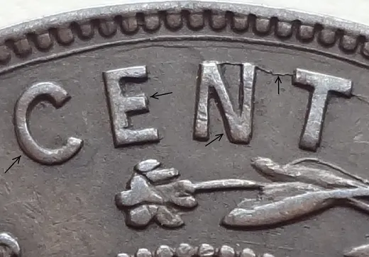 Re-engraved Letters in CENT