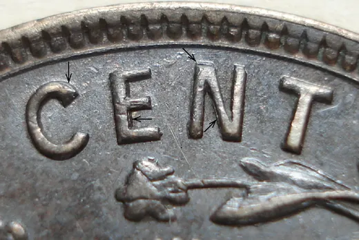 Re-engraved Letters in CENT
